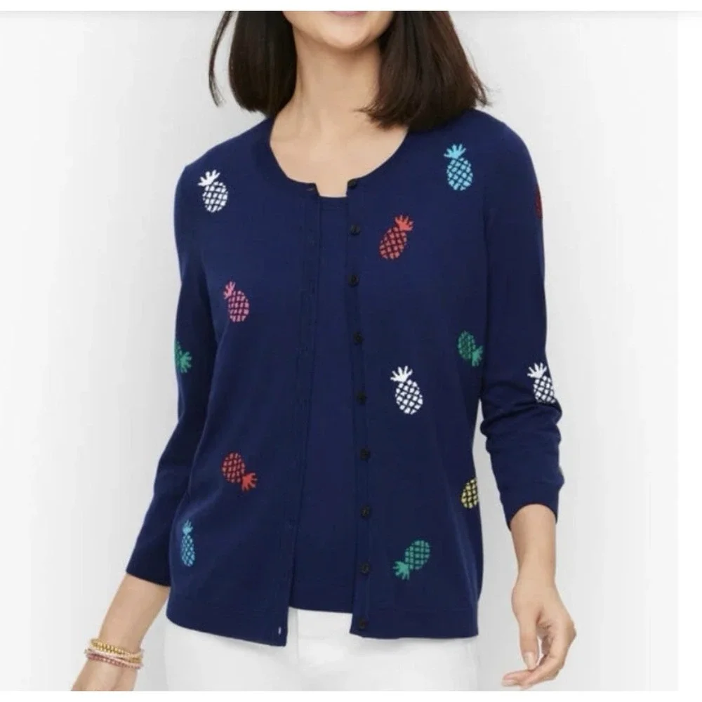 Talbots Charming Cardigan Tossed Pineapple 3/4 Sleeve Tropical Coastal Small